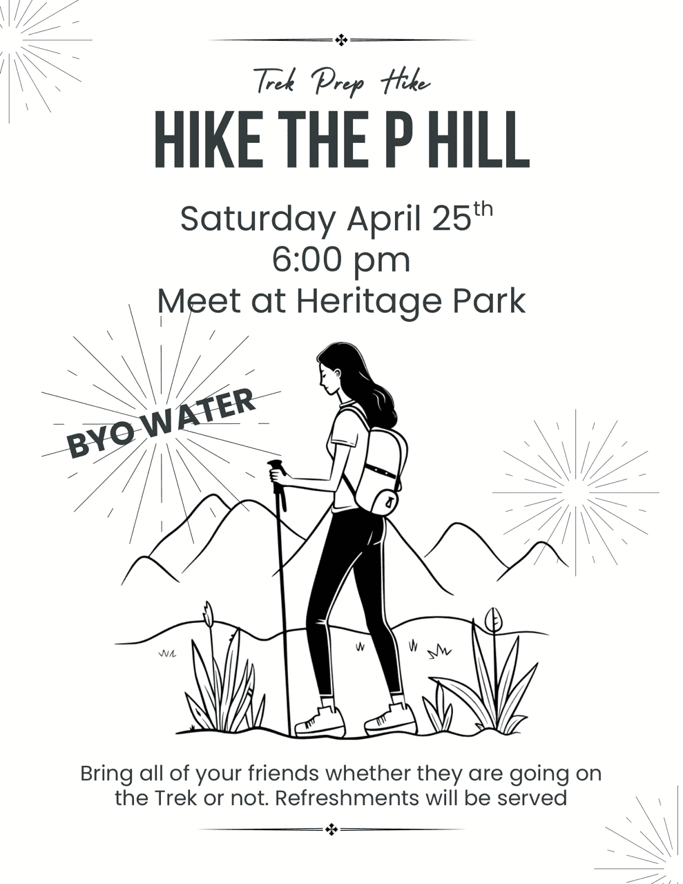 Saturday Hike up the P Hill flyer — April 25, 2026