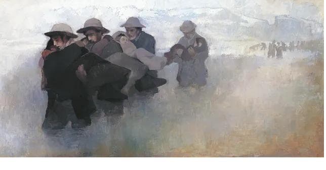 Rescuers carrying weakened pioneers across the icy Sweetwater River — depicting the heroic rescue at Sixth Crossing in 1856